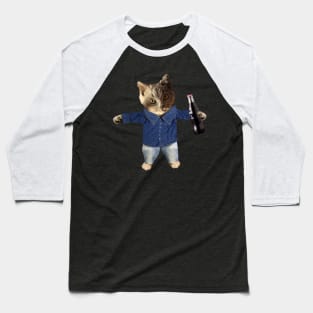 Funny Cat Kitty Drinking Wearing Jeans Denim Baseball T-Shirt
